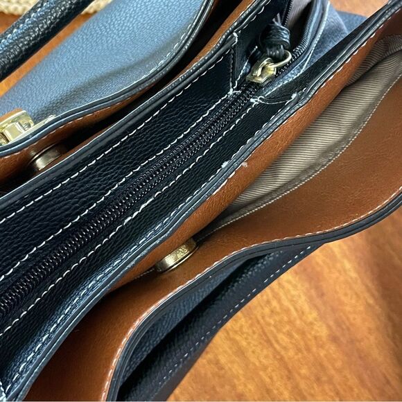 London Fog Textured Pebbled Leather Handbag Purse Black With White Stitching - Picture 7 of 14